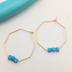 Gold and Turquoise Octagon Hoop Earrings